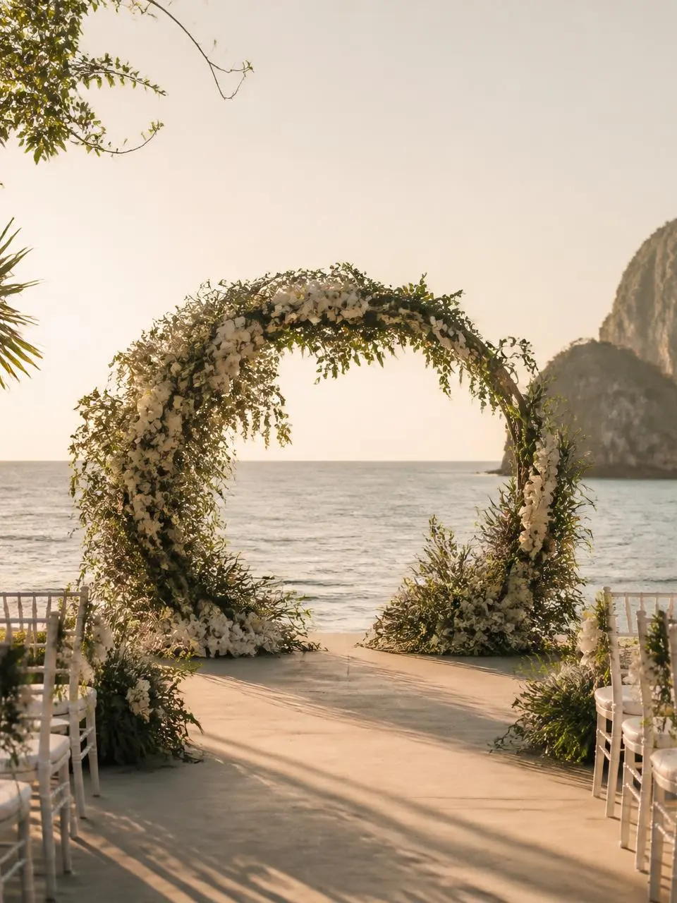 Beachfront wedding ceremony arch of white orchids and greenery facing the Andaman Sea at sunset in Phuket