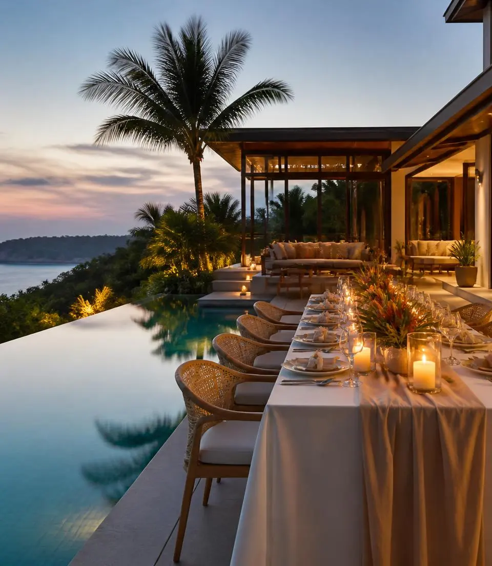 Long candlelit dinner table beside an infinity pool at a clifftop Phuket villa at dusk